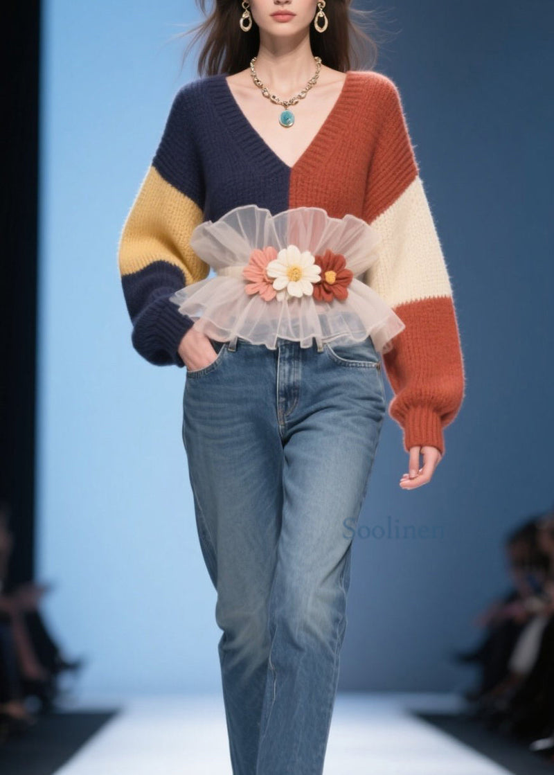 Colorblock V Neck Tulle Ruffled Knit Pullover Fall