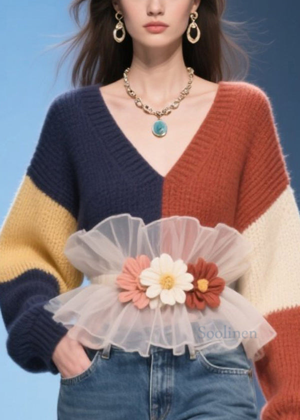 Colorblock V Neck Tulle Ruffled Knit Pullover Fall