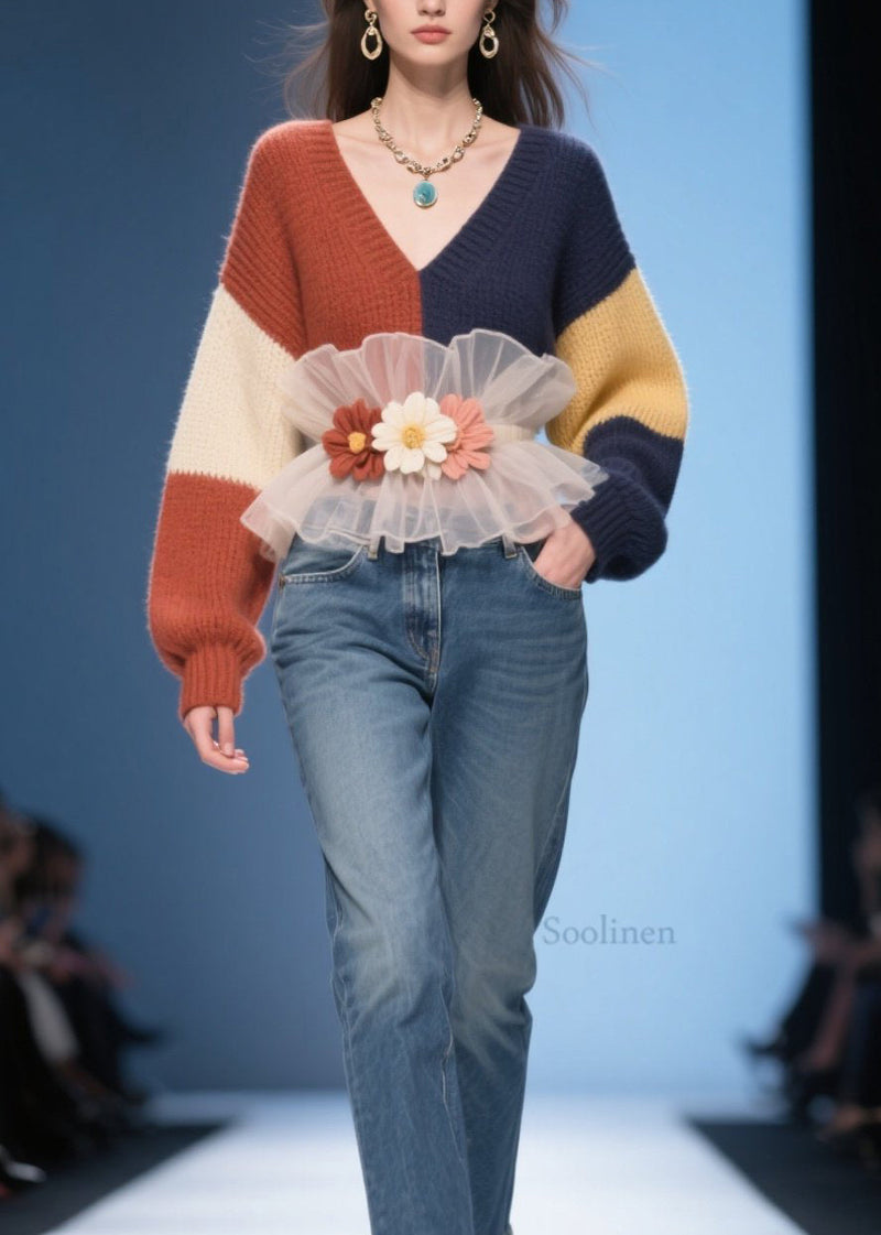 Colorblock V Neck Tulle Ruffled Knit Pullover Fall