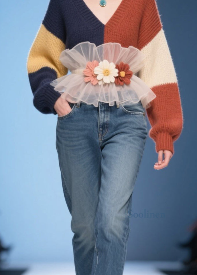 Colorblock V Neck Tulle Ruffled Knit Pullover Fall