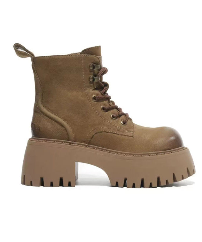 Cross Strap Splicing Chunky Boots Light Brown Cowhide Leather