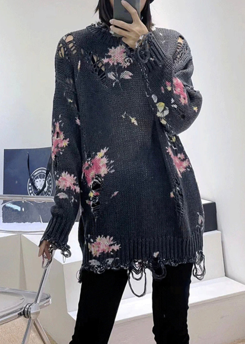 Dark Gray Hole Patchwork Knit Sweaters Top Fall