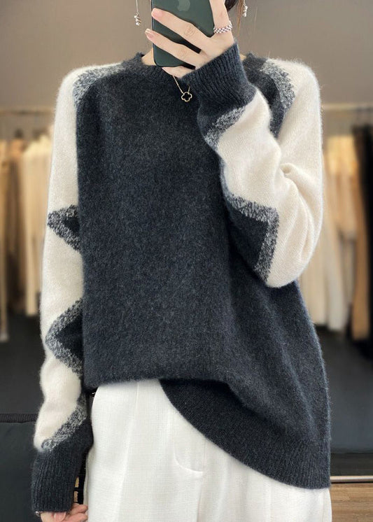 Dark Gray O Neck Patchwork Cozy Wool Sweaters Spring