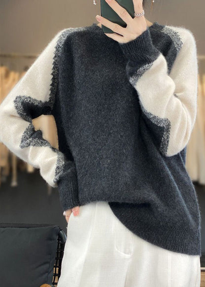 Dark Gray O Neck Patchwork Cozy Wool Sweaters Spring