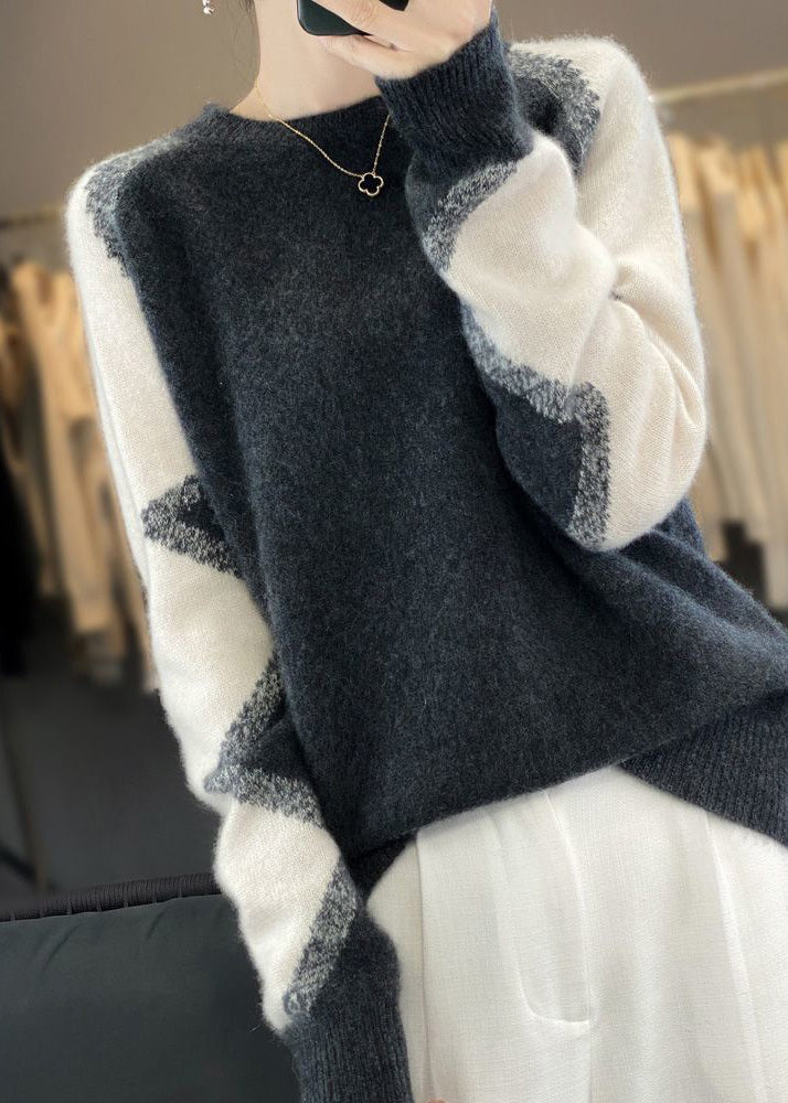 Dark Gray O Neck Patchwork Cozy Wool Sweaters Spring