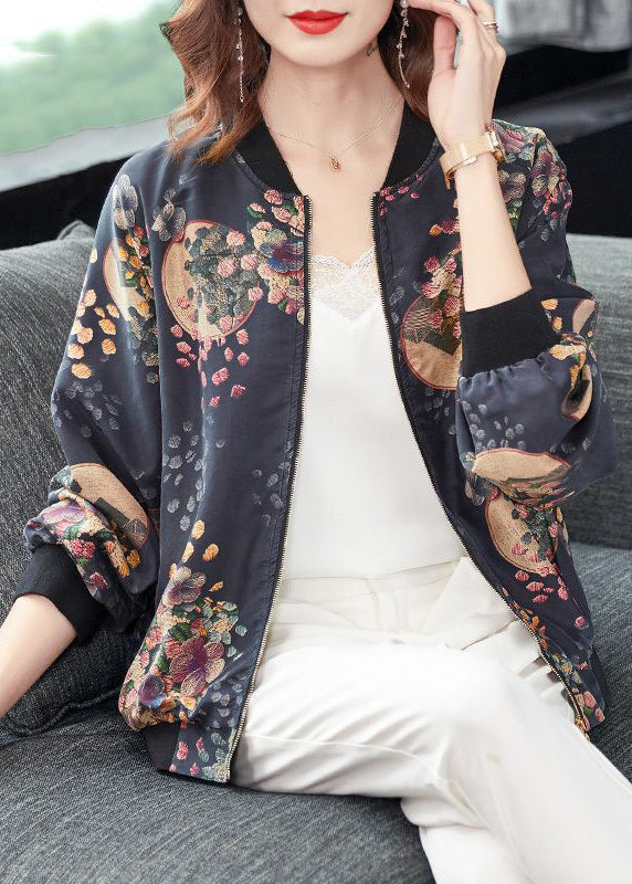 Dark Gray Zip Up Print Pockets Patchwork Silk Coats Fall