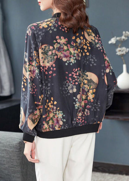 Dark Gray Zip Up Print Pockets Patchwork Silk Coats Fall