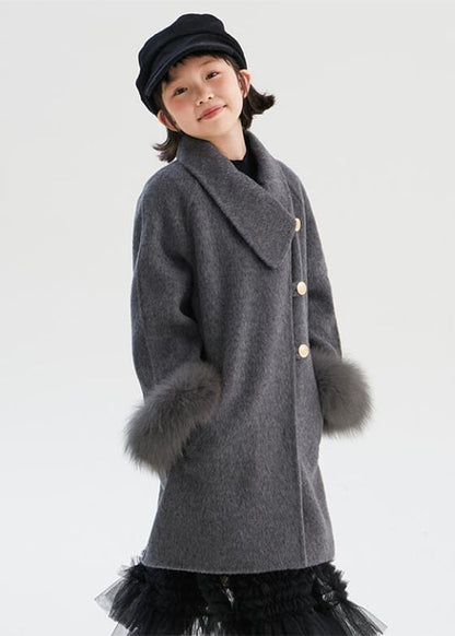 Dark Grey Asymmetrical Patchwork Pockets Long Woolen Coats Fall