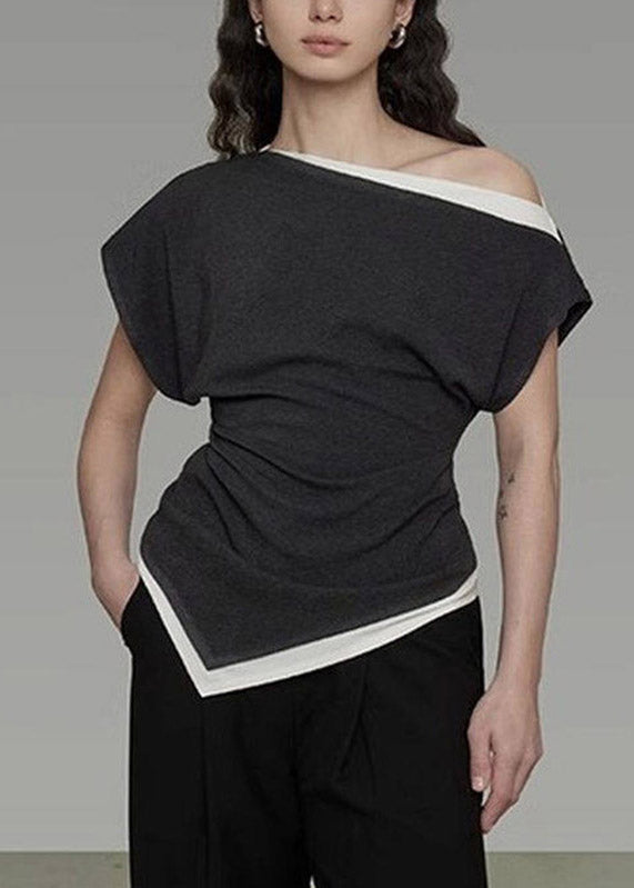 Dark Grey Slash Neck Asymmetrical Top Short Sleeve