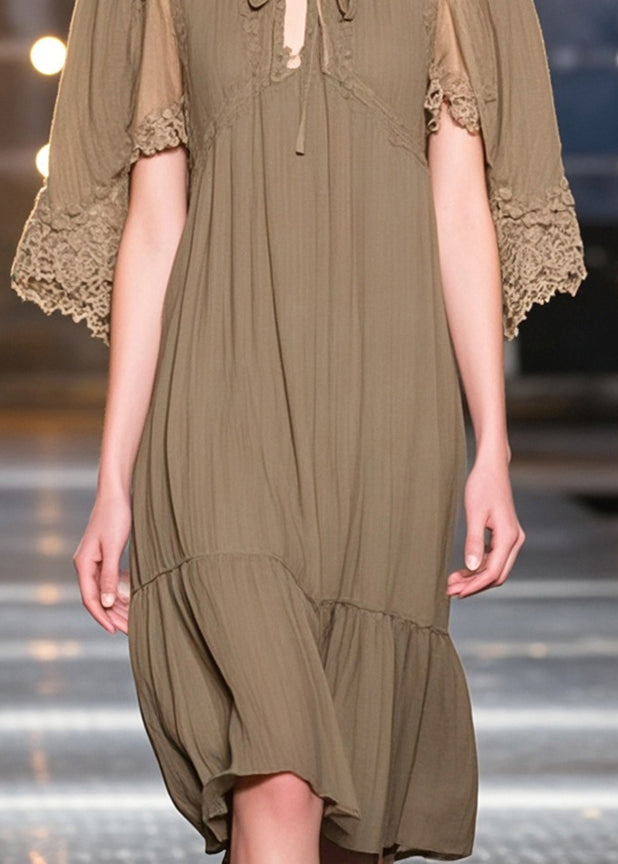 Dark Khaki Lace Up Cotton Tea Dresses Cloak Sleeves