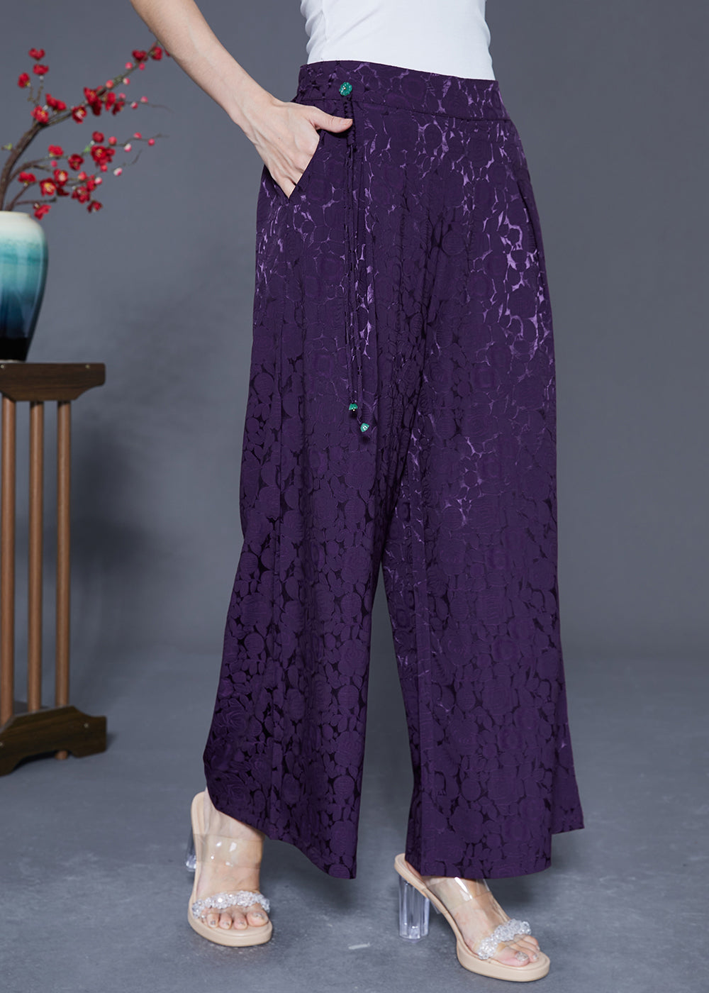 Dark Purple Elastic Waist Jacquard Silk Pants Summer