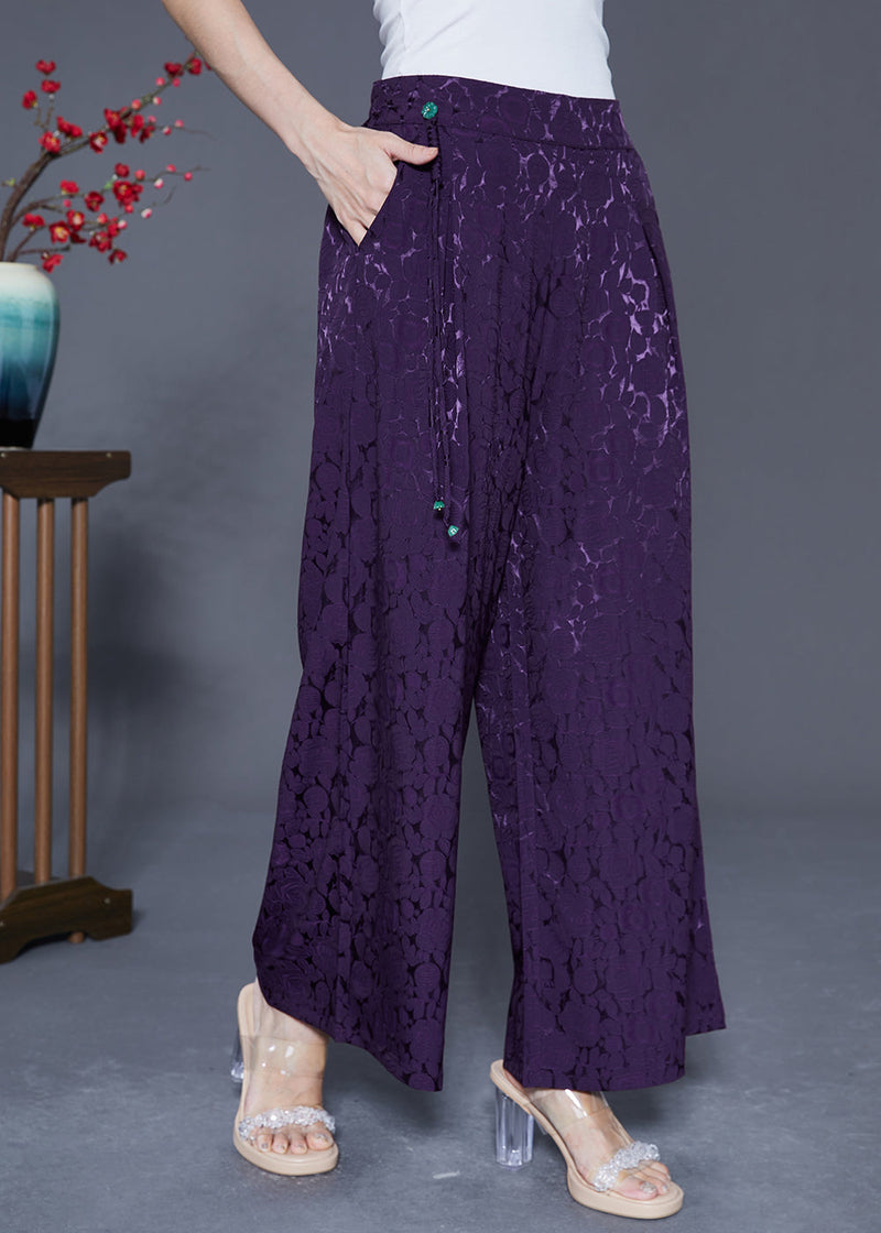 Dark Purple Elastic Waist Jacquard Silk Pants Summer