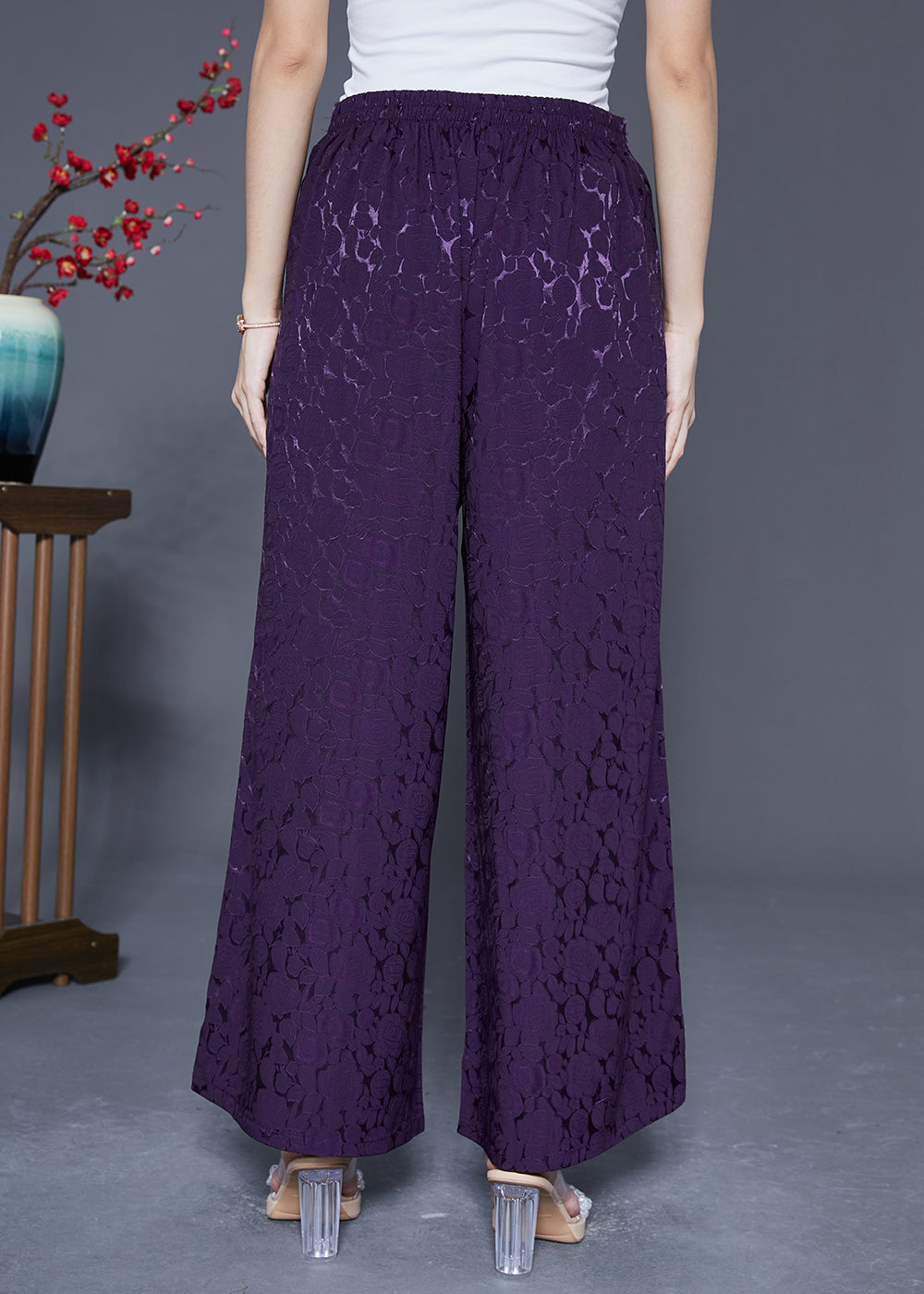 Dark Purple Elastic Waist Jacquard Silk Pants Summer