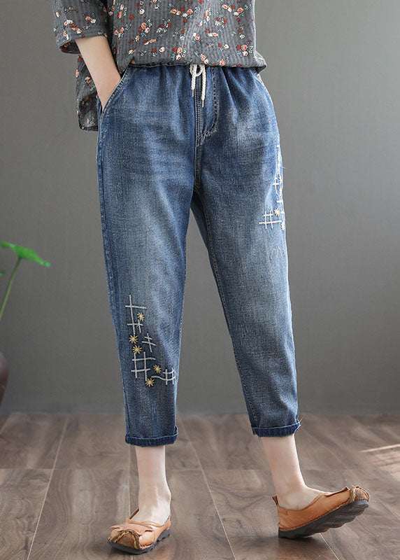 Denim Blue Elastic Waist Embroideried Cotton Crop Pants Spring