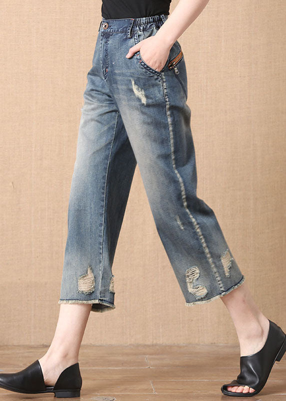 Denim Blue Elastic Waist Zip Up Pockets Hole Cotton Crop Pants Summer