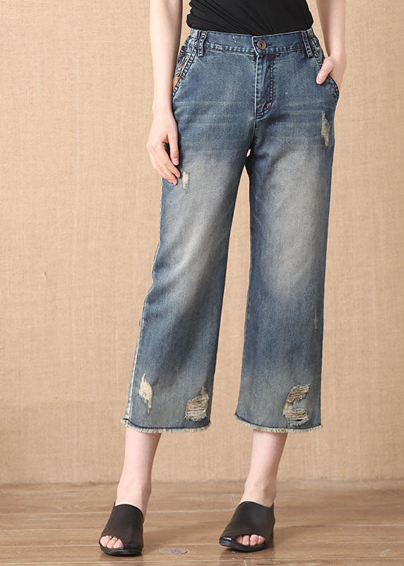 Denim Blue Elastic Waist Zip Up Pockets Hole Cotton Crop Pants Summer