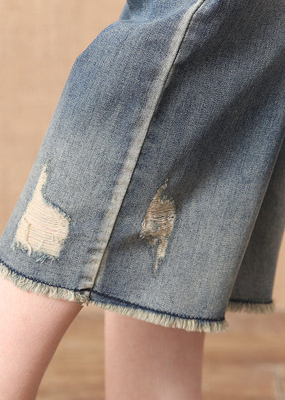 Denim Blue Elastic Waist Zip Up Pockets Hole Cotton Crop Pants Summer