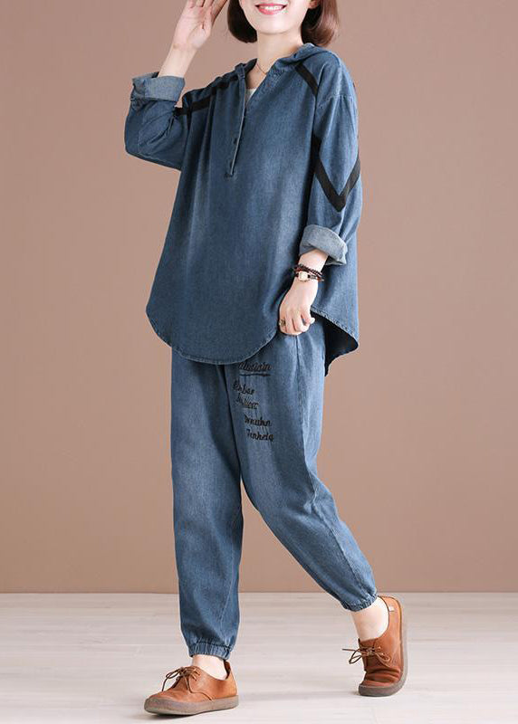 Denim Blue Embroideried Hooded Top and Pants Two Pieces Set Fall