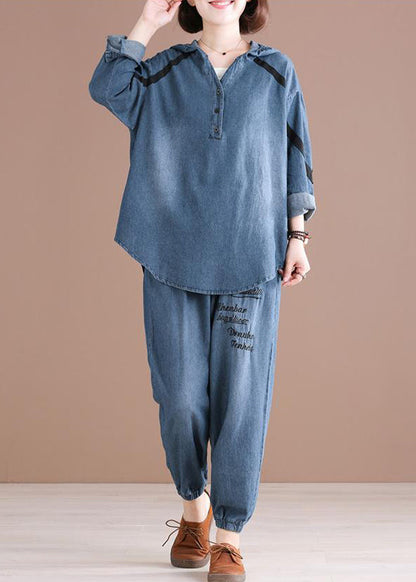 Denim Blue Embroideried Hooded Top and Pants Two Pieces Set Fall