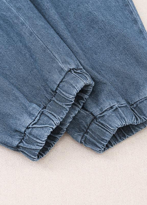 Denim Blue Embroideried Hooded Top and Pants Two Pieces Set Fall