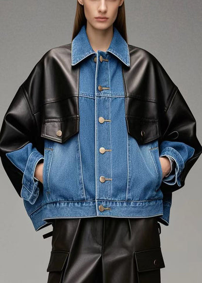 Denim Blue Oversized Patchwork Faux Leather Jackets Fall