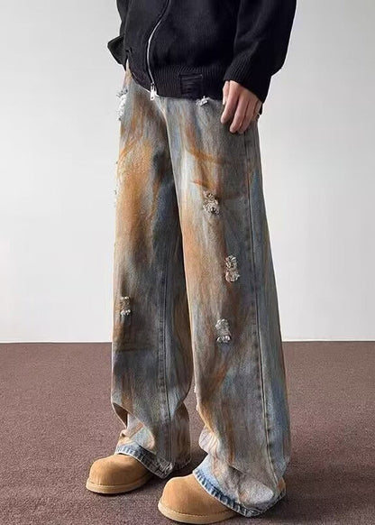 Denim Blue Patchwork Hole Pants