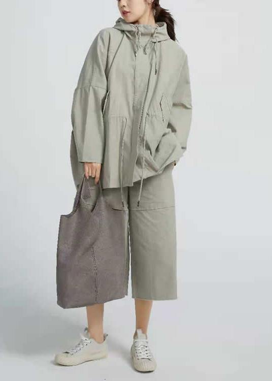 Drawstring Spring Short Coat Khaki Green Coat