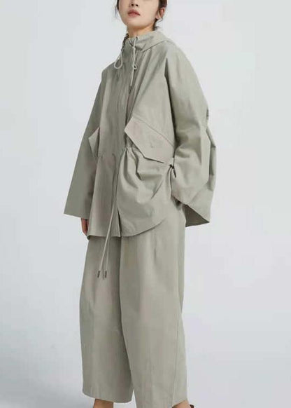Drawstring Spring Short Coat Khaki Green Coat