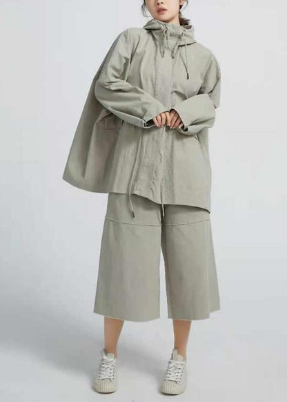 Drawstring Spring Short Coat Khaki Green Coat