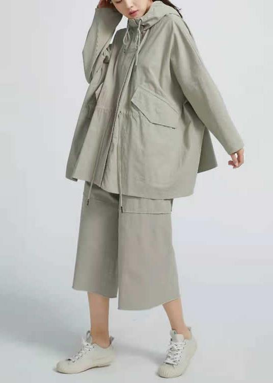 Drawstring Spring Short Coat Khaki Green Coat