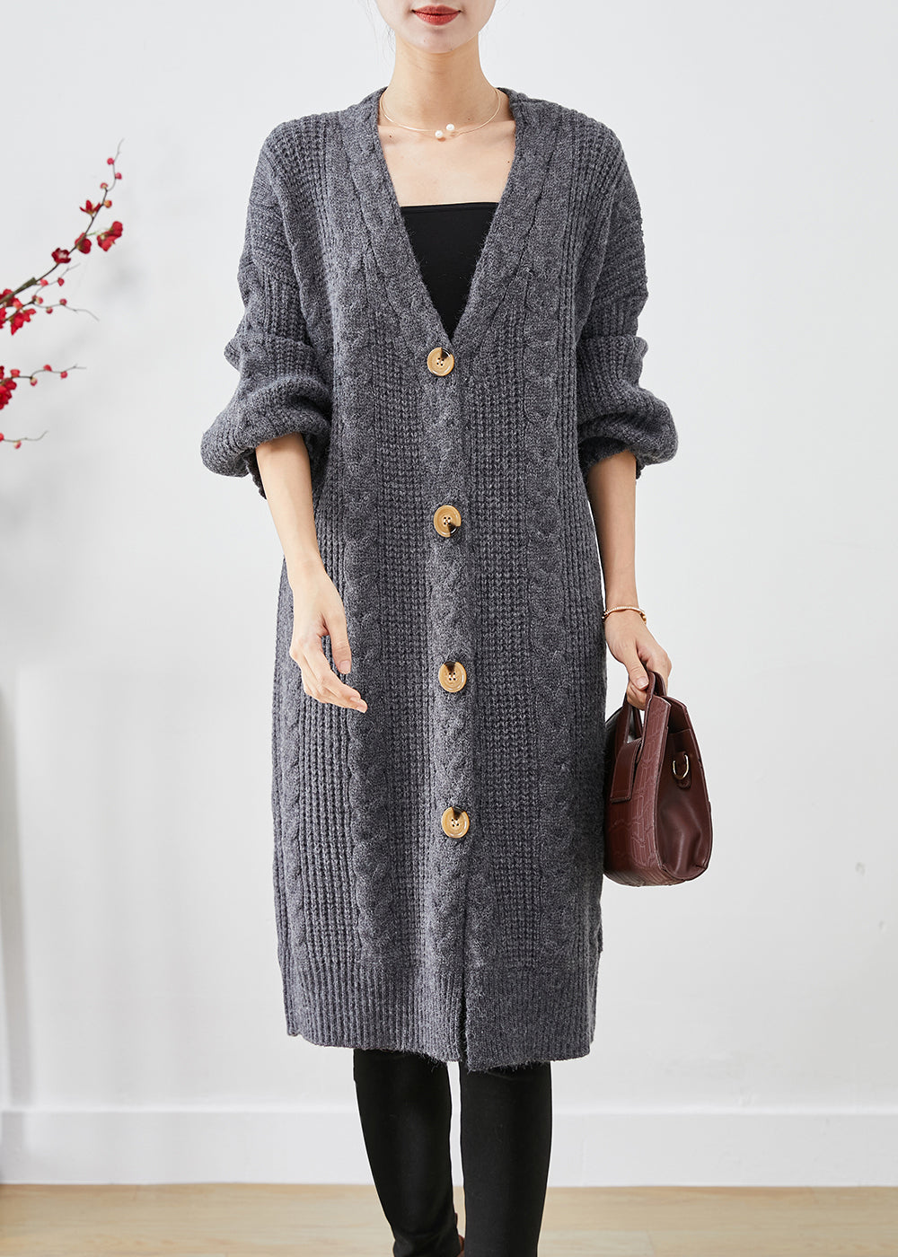 Dull Grey V Neck Button Thick Cable Knit Long Cardigans Fall