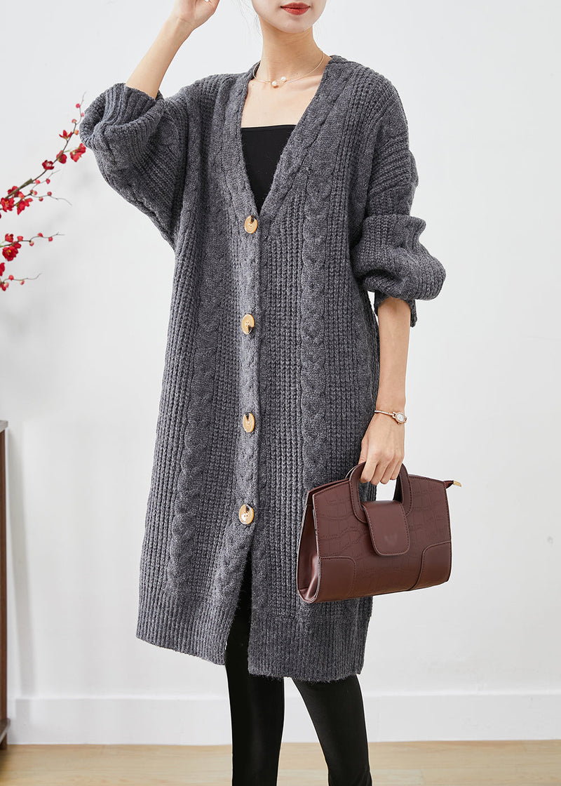 Dull Grey V Neck Button Thick Cable Knit Long Cardigans Fall