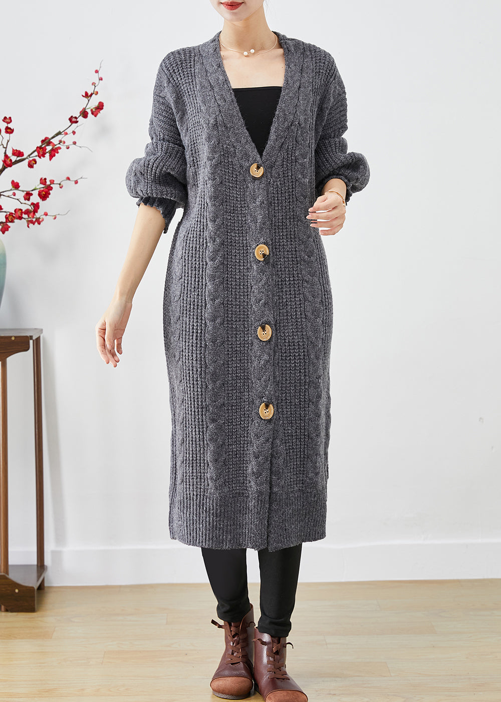 Dull Grey V Neck Button Thick Cable Knit Long Cardigans Fall