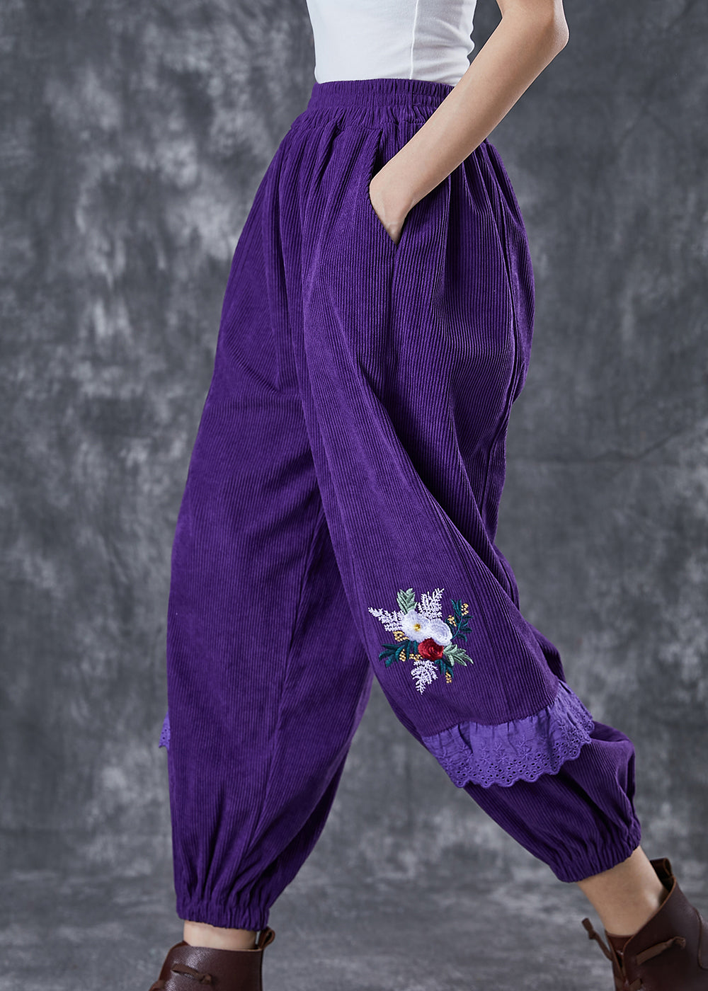 Dull Purple Embroidered Patchwork Corduroy Pants Fall