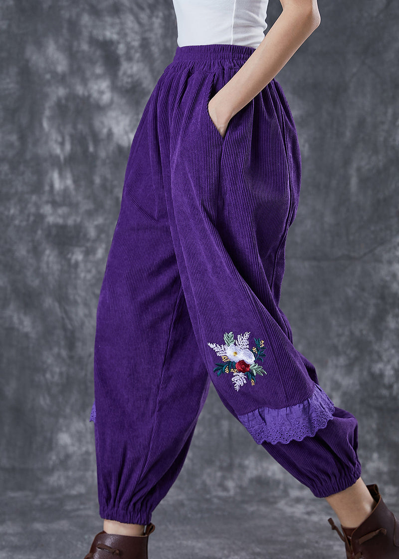 Dull Purple Embroidered Patchwork Corduroy Pants Fall