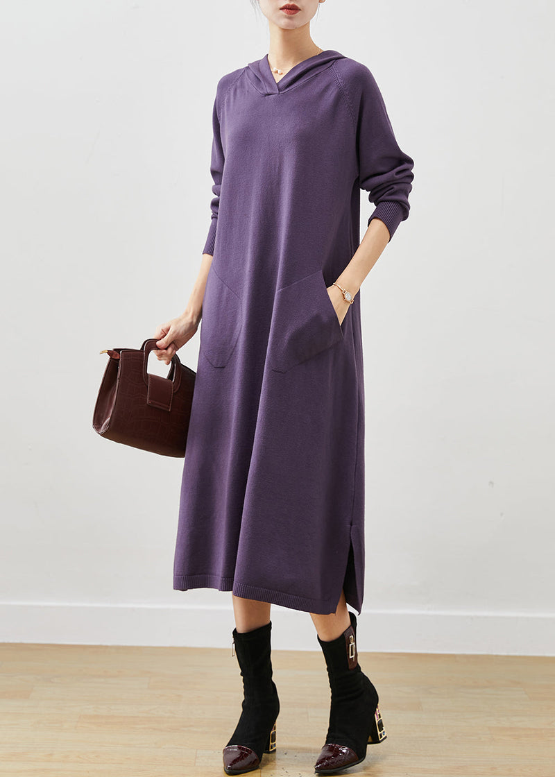 Dull Purple Hooded Side Open Knit Dress Spring