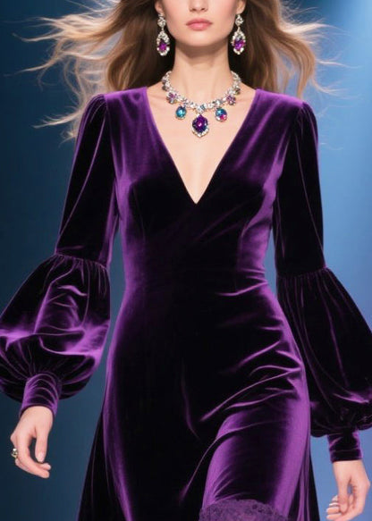Dull Purple V Neck Patchwork Silk Velvet Maxi Dresses Lantern Sleeve