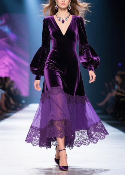 Dull Purple V Neck Patchwork Silk Velvet Maxi Dresses Lantern Sleeve