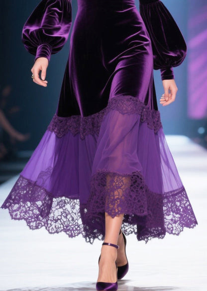Dull Purple V Neck Patchwork Silk Velvet Maxi Dresses Lantern Sleeve
