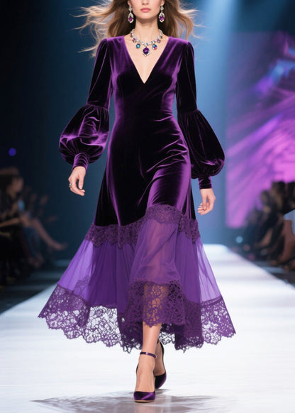 Dull Purple V Neck Patchwork Silk Velvet Maxi Dresses Lantern Sleeve