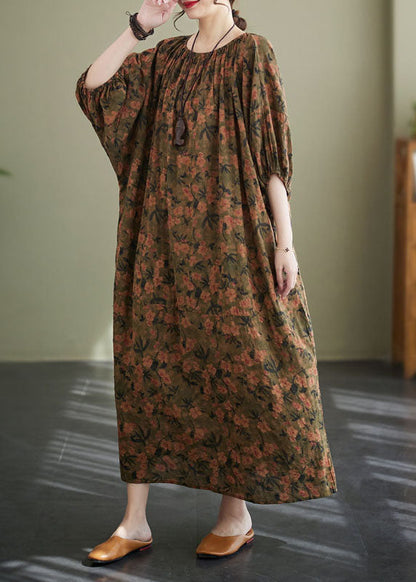 O Neck Wrinkled Patchwork Cotton Long Dresses Lantern Sleeve