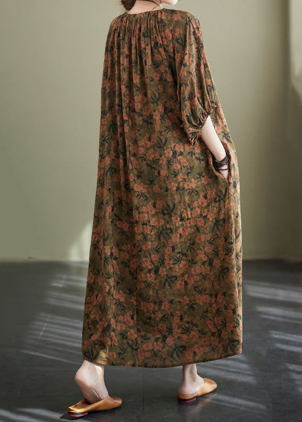 O Neck Wrinkled Patchwork Cotton Long Dresses Lantern Sleeve