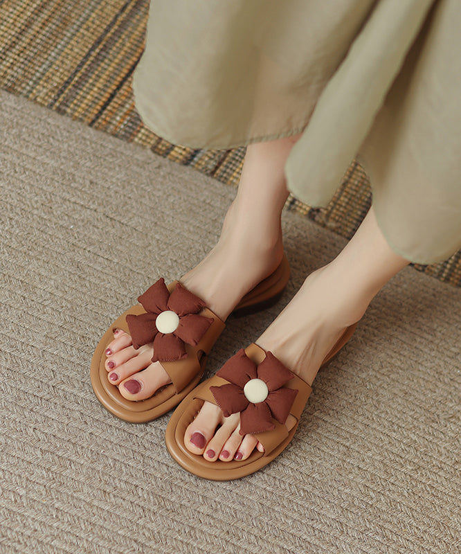 Splicing Brown Cowhide Leather Slide Sandals