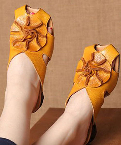 Splicing Yellow Cowhide Leather Slide Sandals
