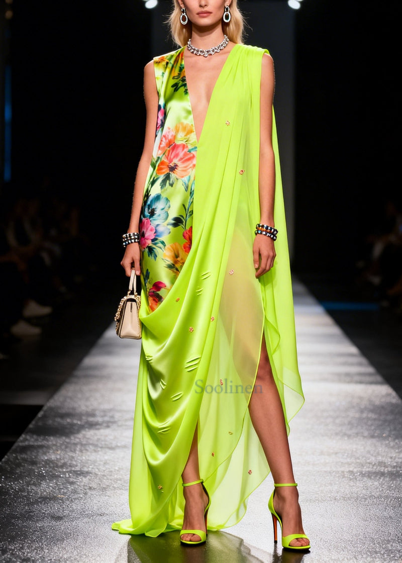 Fluorescent Green Asymmetrical Print Chiffon Holiday Dress Summer