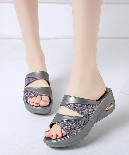 Gold Sequins Wedge Heels Slide Sandals Peep Toe