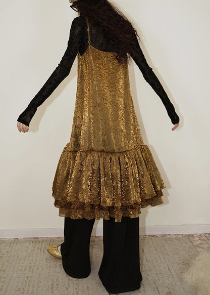 Gold Wrinkled Original Design Spaghetti Strap Dress Sleeveless