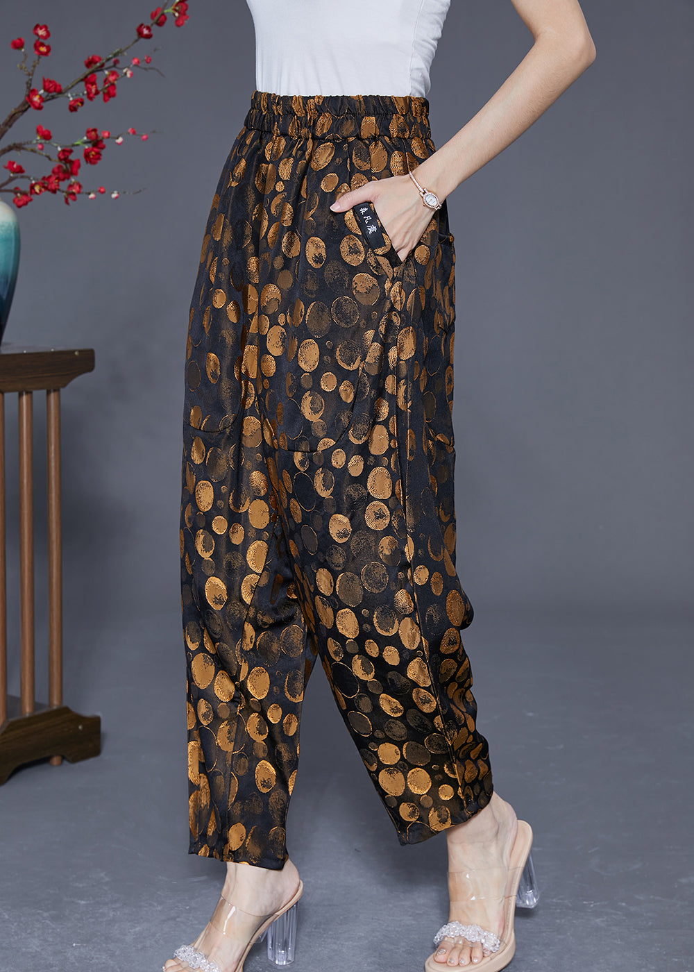 Golden Dot Elastic Waist Pockets Silk Harem Pants Summer