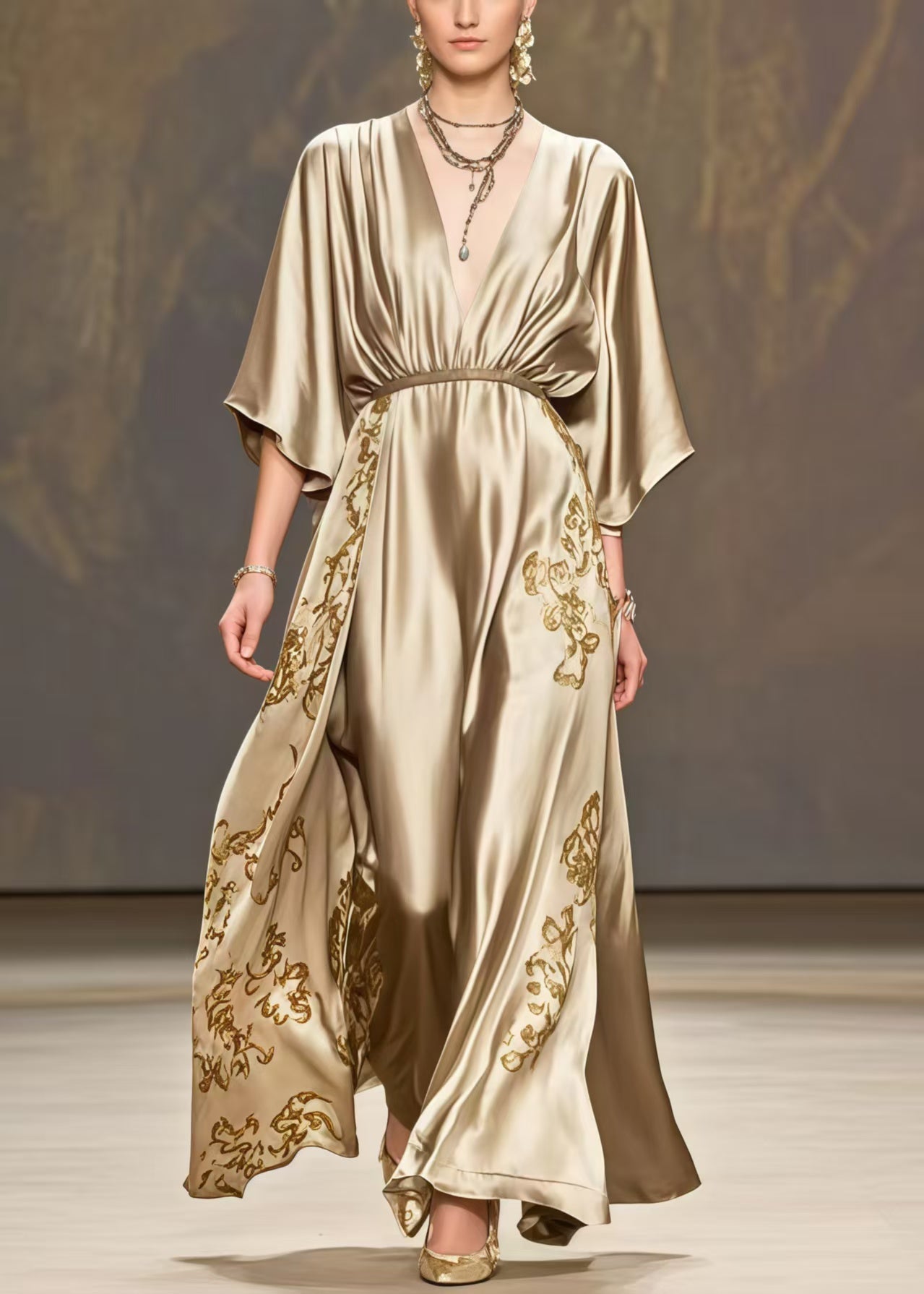 Golden Print Exra Large Hem Silk Maxi Dresses Summer