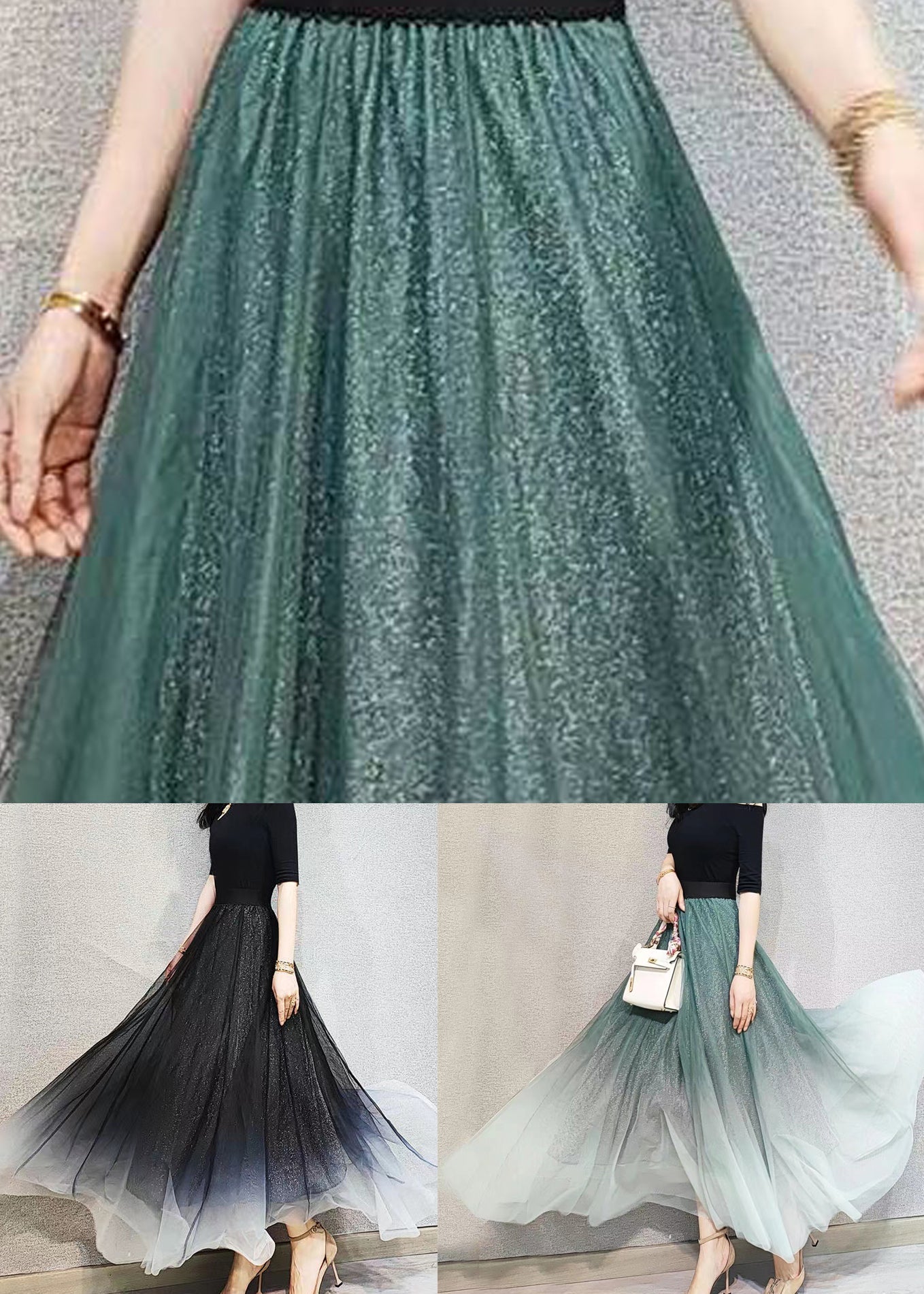 Gradient Black Exra Large Hem Tulle Skirts Spring
